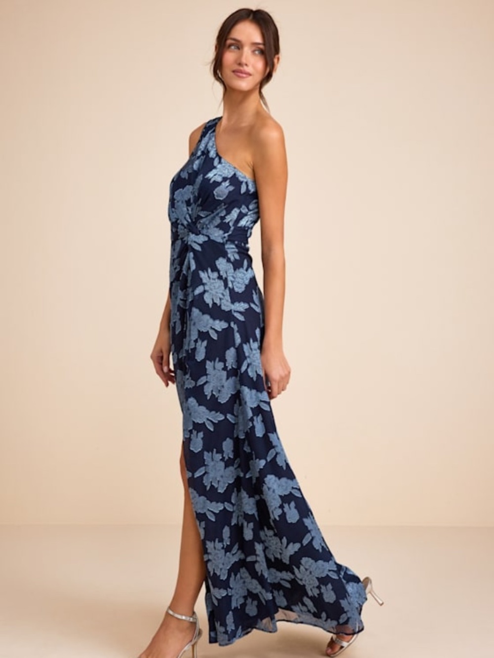 Lulus Renni Navy Blue Floral Jacquard One-shoulder Maxi Dress - Size M